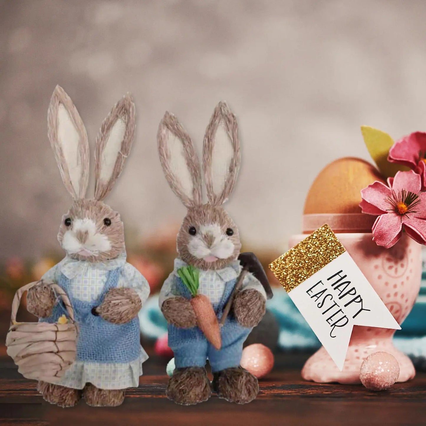 Set de 2 Conejos de Paja con Ropa - Decoración de Pascua