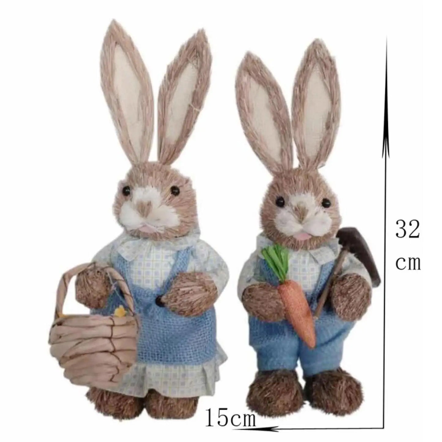 Set de 2 Conejos de Paja con Ropa - Decoración de Pascua