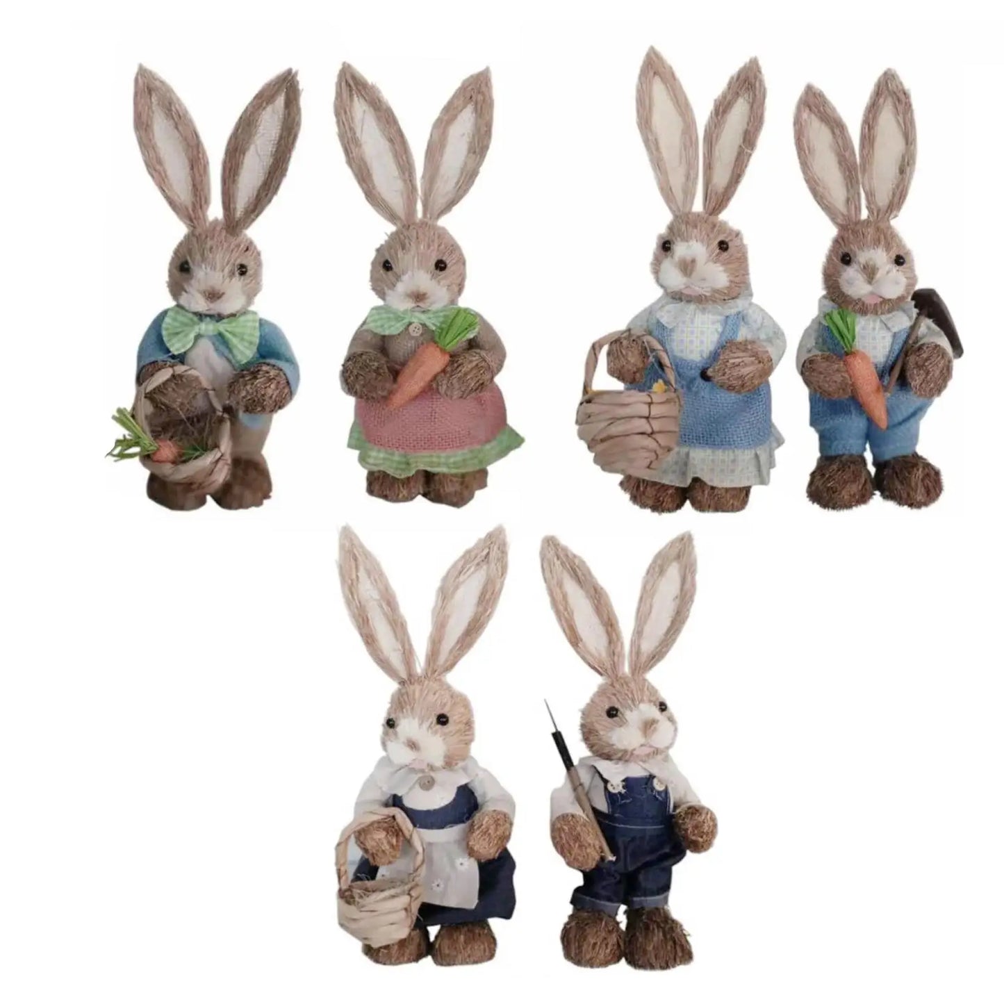 Set de 2 Conejos de Paja con Ropa - Decoración de Pascua