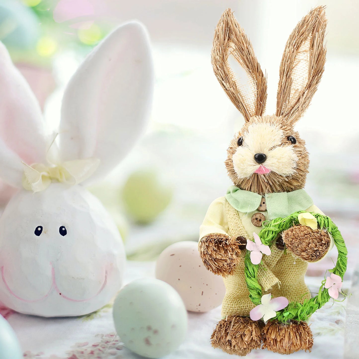 Set de 2 Conejos de Paja - Figuras Decorativas de Pascua