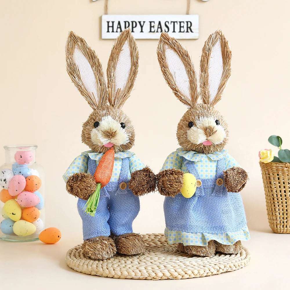 Conejo de Pascua de Paja con Canasta - Decoración Primaveral