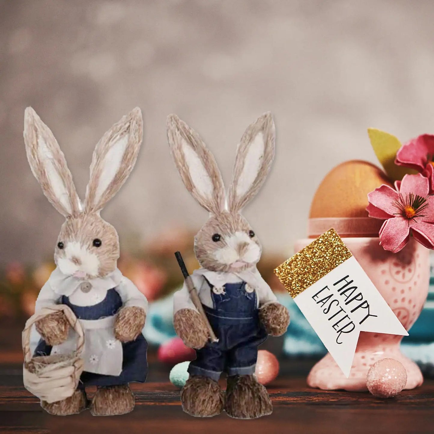Set de 2 Conejos de Paja con Ropa - Decoración de Pascua