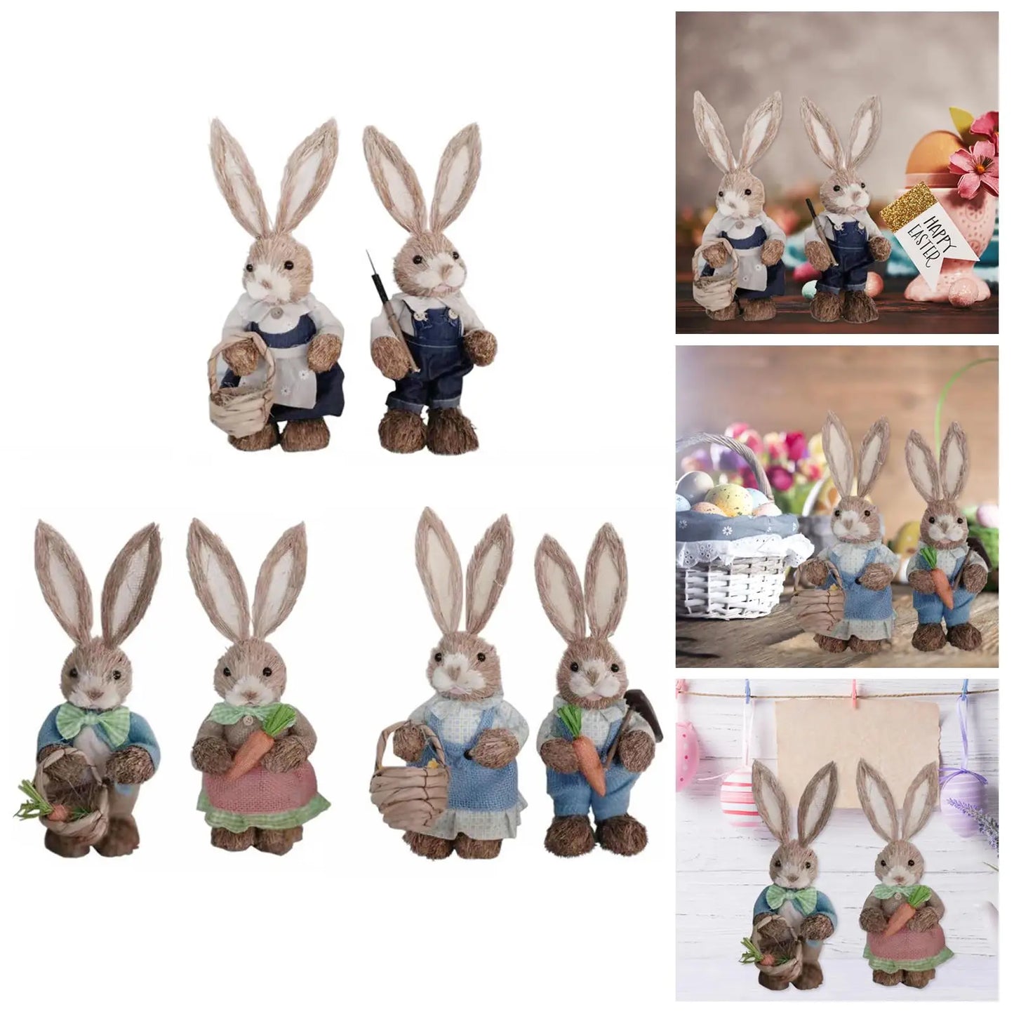Set de 2 Conejos de Paja con Ropa - Decoración de Pascua