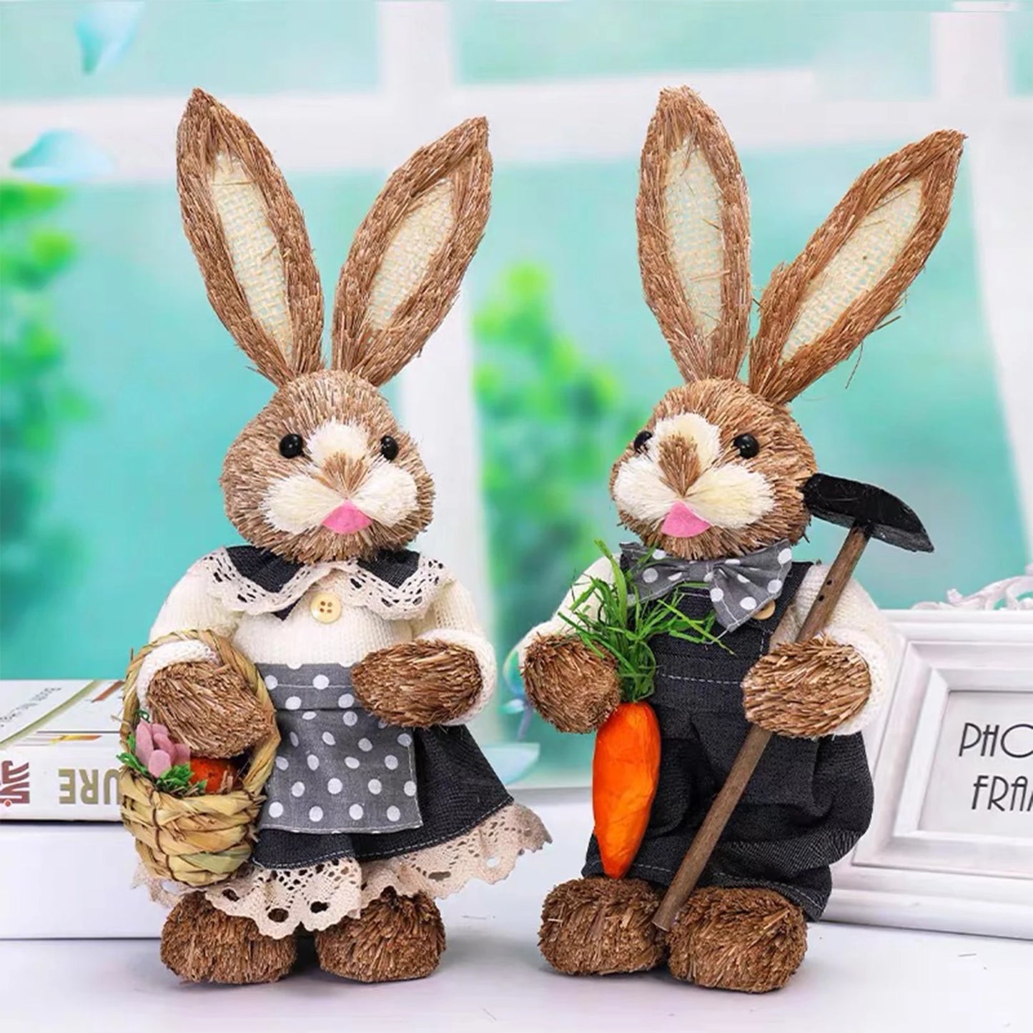 Par de Conejo de Paja 35cm - Decoración de Pascua