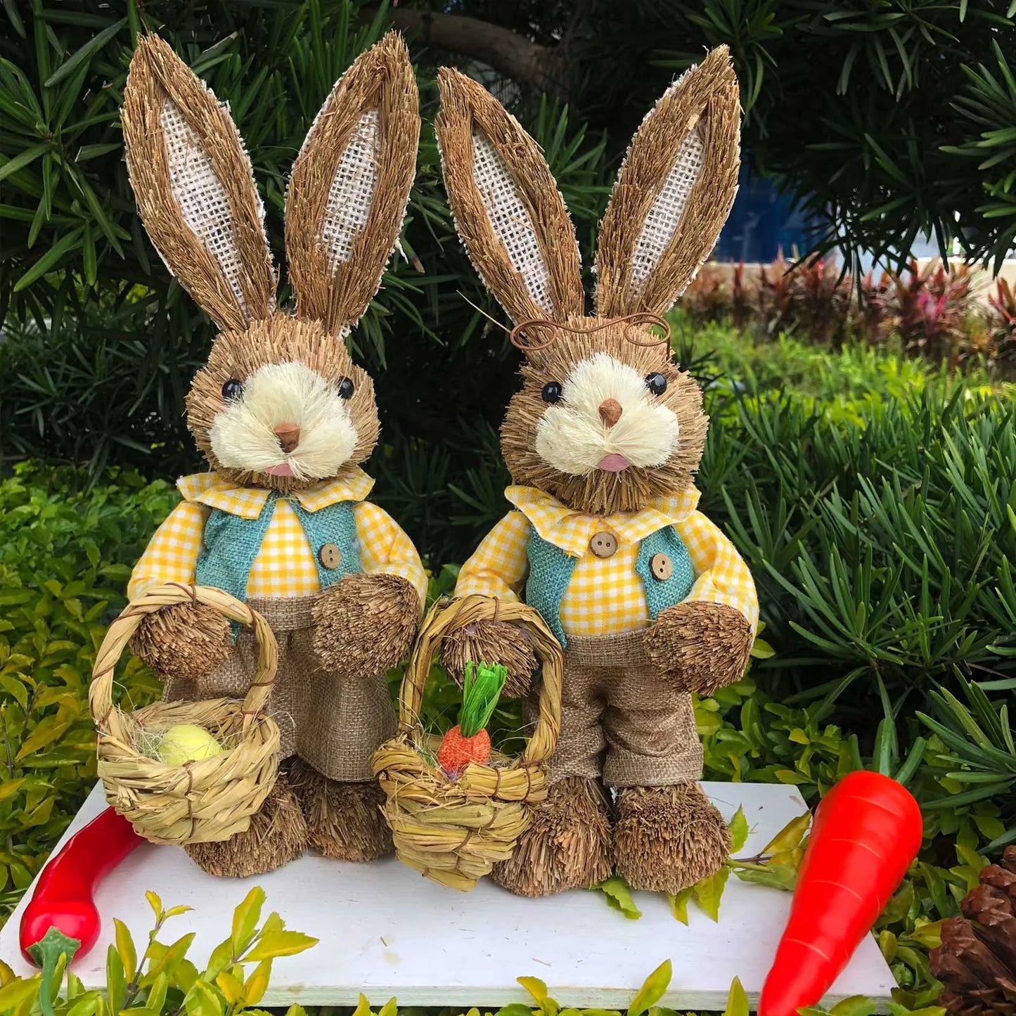 Set de 2 Conejos de Paja - Figuras Decorativas de Pascua