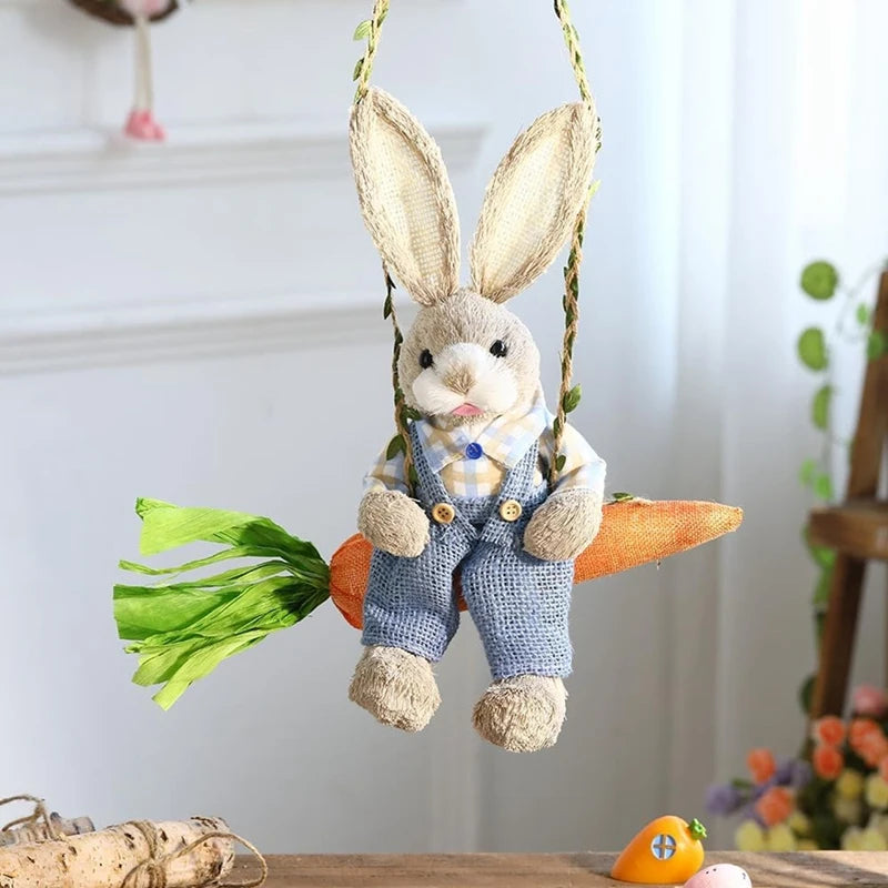 Conejo de Paja en Columpio de Zanahoria - Decoración de Pascua