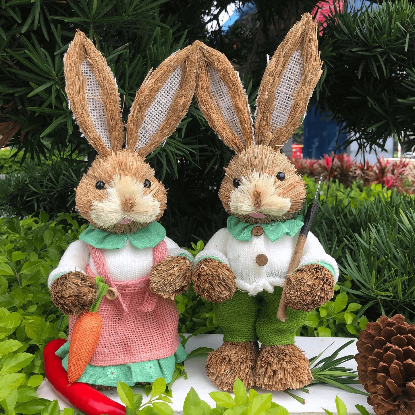 Par de Conejo de Paja 35cm - Decoración de Pascua