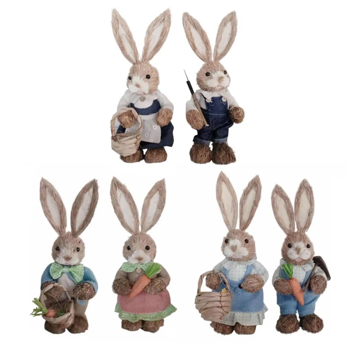 Set de 2 Conejos de Paja con Ropa - Decoración de Pascua