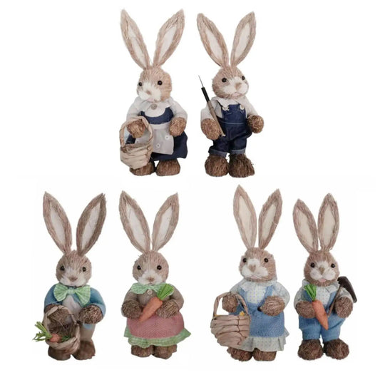 Set de 2 Conejos de Paja con Ropa - Decoración de Pascua