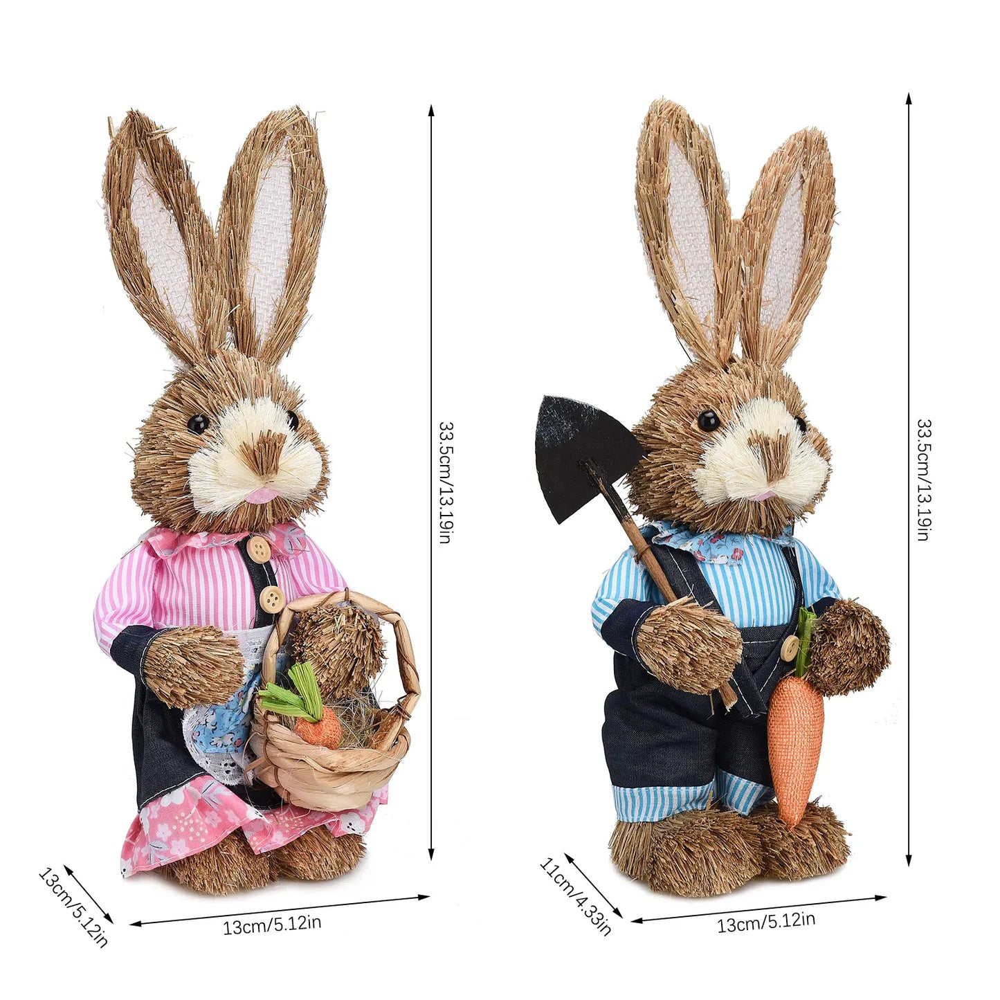 Set de 2 Conejos de Paja - Decoración de Pascua (23/35CM)