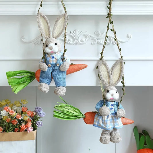 Conejo de Paja en Columpio de Zanahoria - Decoración de Pascua
