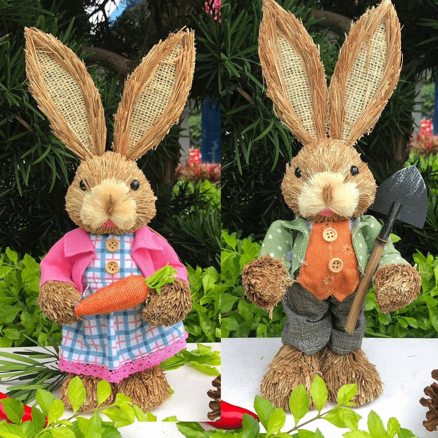 Par de Conejo de Paja 35cm - Decoración de Pascua