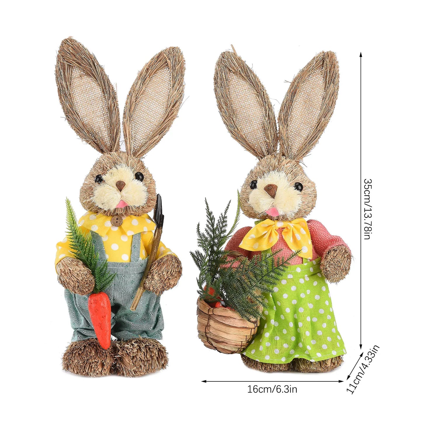 Set de 2 Conejos de Paja - Decoración de Pascua (23/35CM)