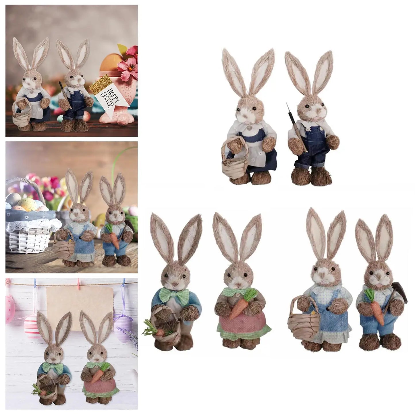 Set de 2 Conejos de Paja con Ropa - Decoración de Pascua