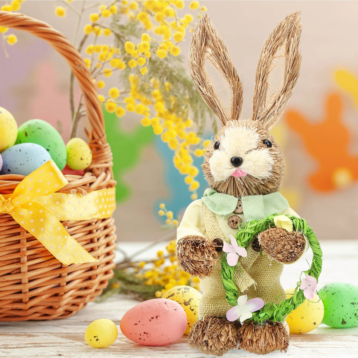 Set de 2 Conejos de Paja - Figuras Decorativas de Pascua