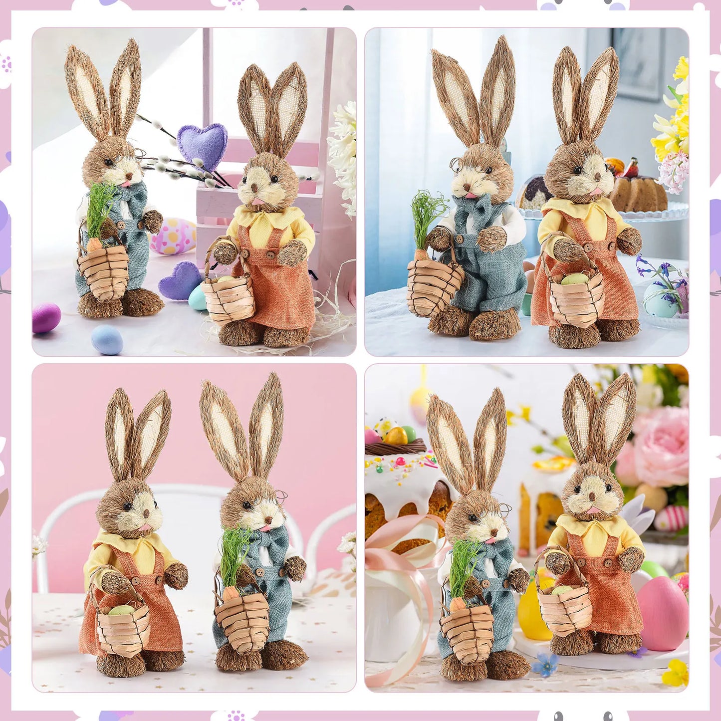 Set de 2 Conejos de Paja - Decoración de Pascua (23/35CM)