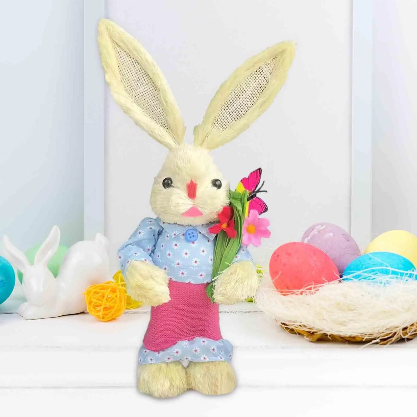 Conejo de Paja de Pascua - Figura Decorativa para Mesa