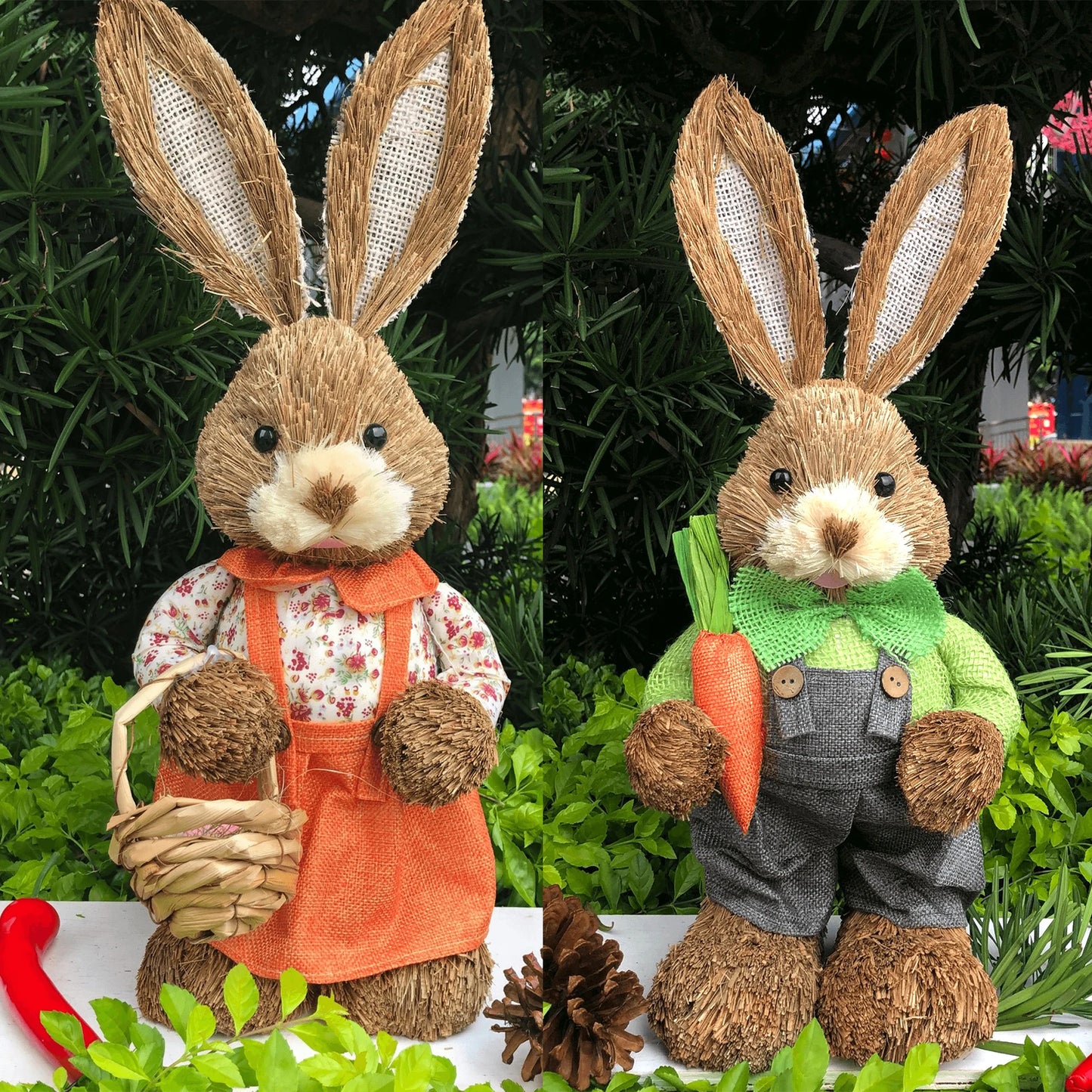 Par de Conejo de Paja 35cm - Decoración de Pascua